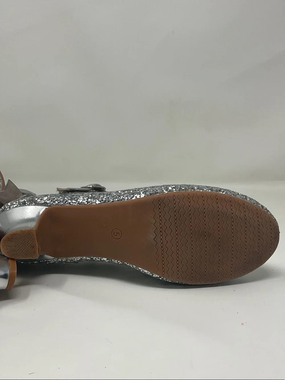 Girls Silver Glitter Mary Jane Heel Dress Shoes with Bows NEW